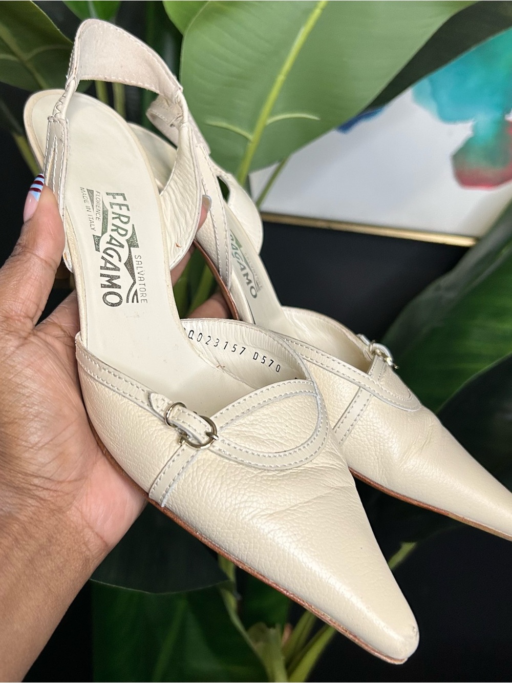 Salvatore Ferragamo Vintage Ivory Leather Pointed Slingback Pumps with Buckle